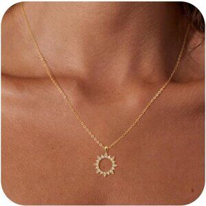 Gold Sun Pendant Necklace - 14K Gold Plated, Adjustable Chain, Cubic Zirconia, S